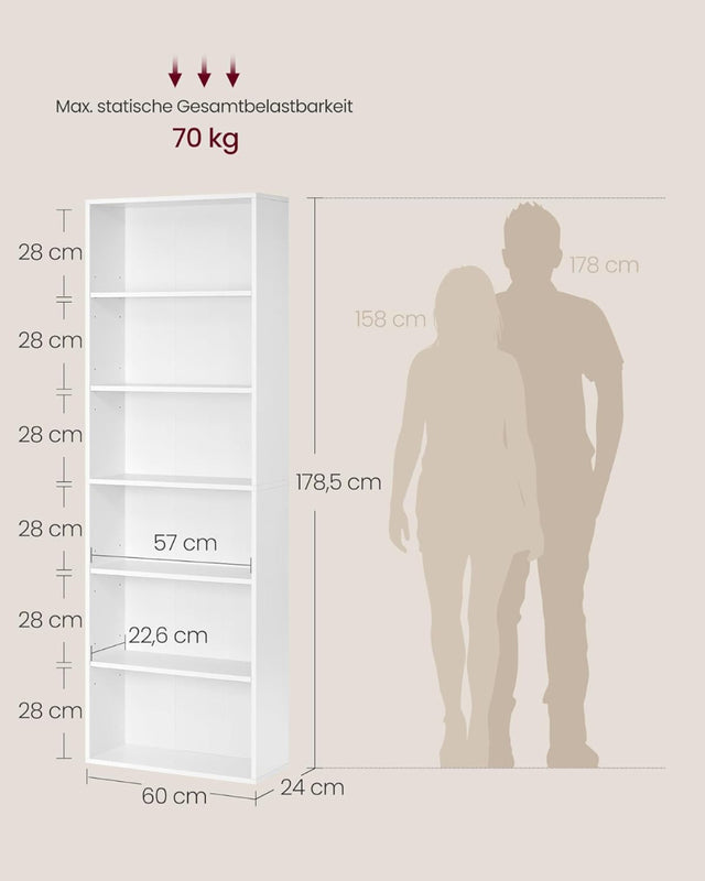 Bücherregal 6-stöckig Offenes Standregal Wolkenweiss, 24 x 60 x 178,5 cm