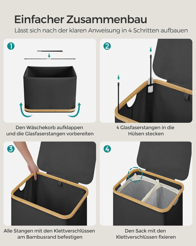 Wäschekorb 2 Fächer Bambus Griffe Schwarz