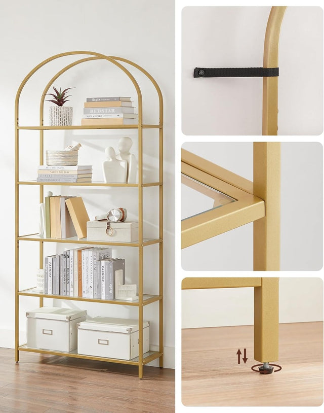 Regal Standregal Hartglas Bogenform Metall Goldfarben