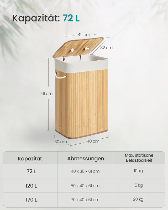 Wäschekorb Wäschesammler mit Deckel Bambus 72l