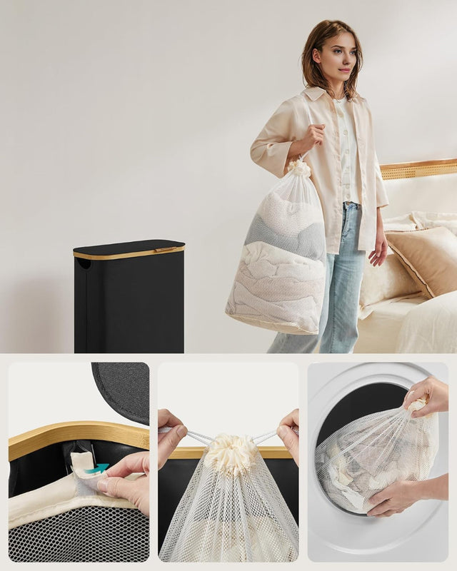 Wäschekorb Wäschesammler Schmal Bambus 65l Schwarz