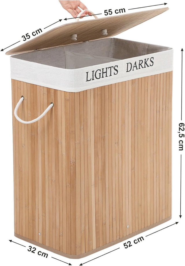 Wäschekorb Wäschesammler 2 Fächer Bambus 100l