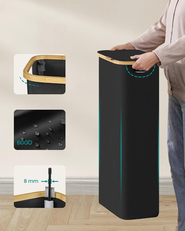 Wäschekorb Wäschesammler Schmal Bambus 65l Schwarz