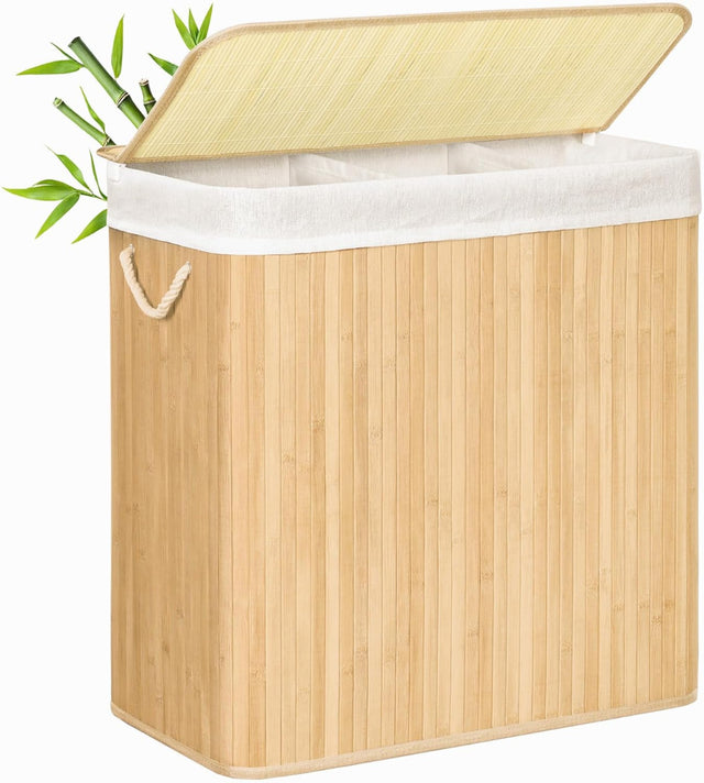 Wäschekorb Wäschebox Bambus 3 Fächer faltbar mit Griffen Naturfarbe