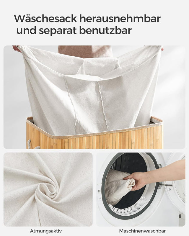 Wäschekorb Wäschebox Bambus 3 Fächer faltbar mit Griffen Naturfarbe