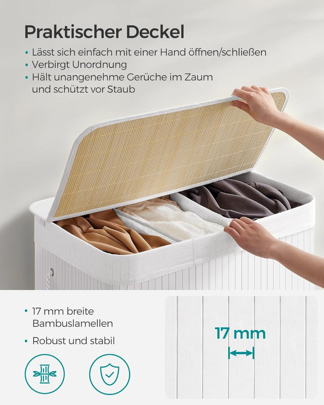Wäschekorb Wäschebox Bambus 3 Fächer faltbar mit Griffen