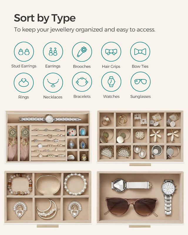 Schmuckkästchen mit Glasdeckel 4 Ebenen wolkenweiss-golden