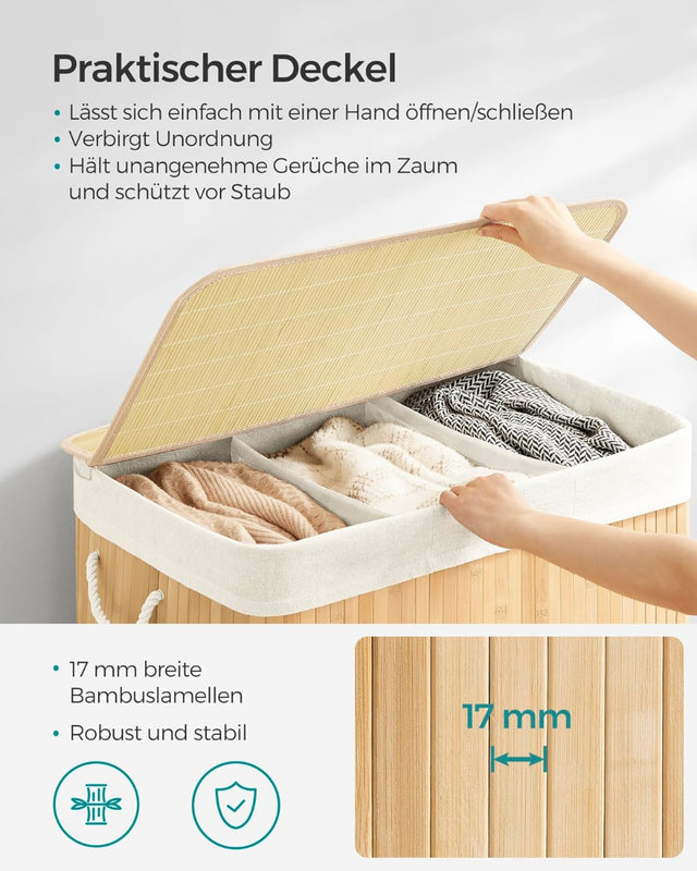 Wäschekorb Wäschebox Bambus 3 Fächer faltbar mit Griffen Naturfarbe