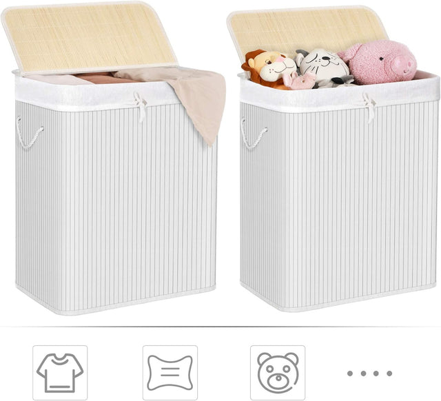 Wäschekorb Wäschesammler 2 Fächer Bambus 100l weiss