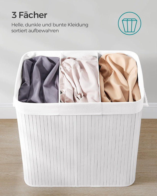 Wäschekorb Wäschebox Bambus 3 Fächer faltbar mit Griffen