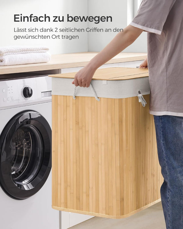 Wäschekorb Wäschebox Bambus 3 Fächer faltbar mit Griffen Naturfarbe