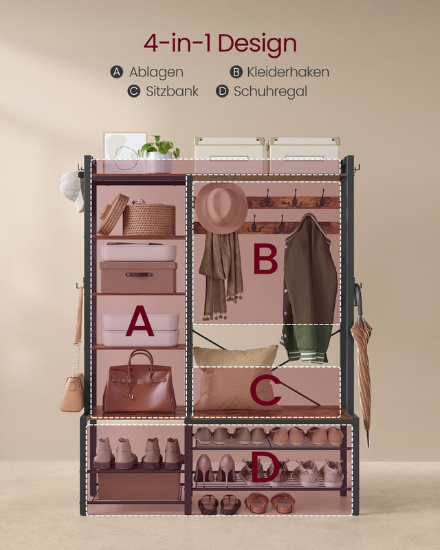 Garderobenständer mit Schuhbank Vintagebraun 4-in-1