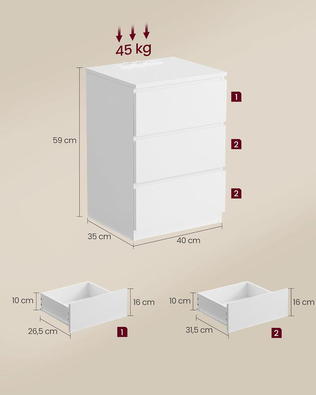 Nachttisch Set mit Steckdosen Modern Weiss