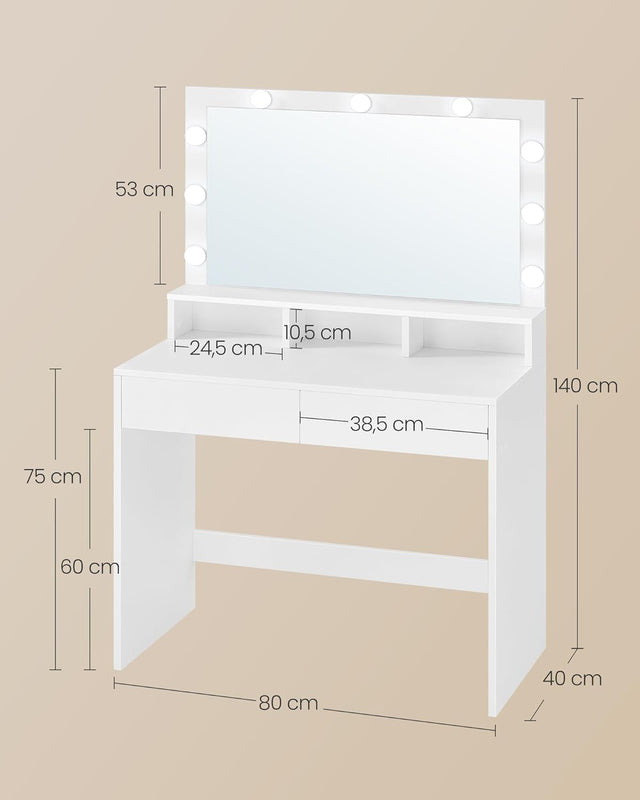 Schminktisch LED Beleuchtung Spiegel Schubladen, 80 x 40 x 140 cm, Weiss
