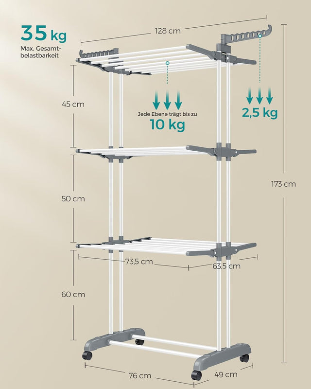 Wäscheständer klappbar mit Rollen weiss von Songmics