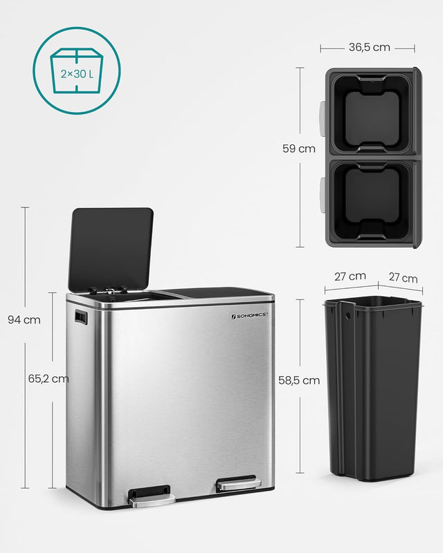 Mülleimer 60L Mülltrennsystem Treteimer Küche Silber