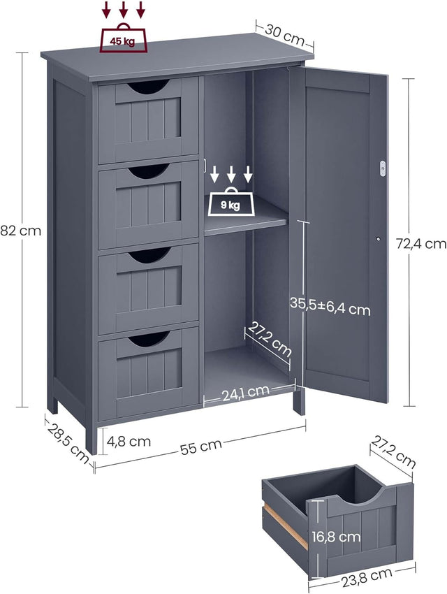 Badezimmerschrank mit 4 Schubladen und Tür Grau