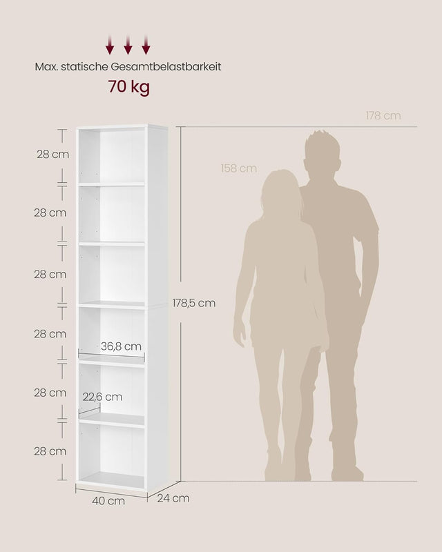 Bücherregal 6-stöckig Offenes Standregal Wolkenweiss, 24 x 40 x 178,5 cm