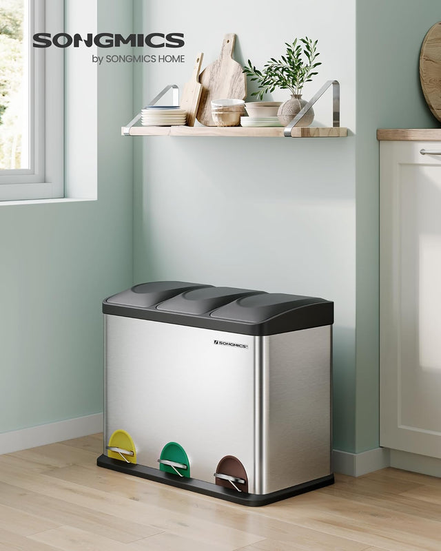 Mülleimer Küche 3-Fächer Treteimer Silber-Schwarz