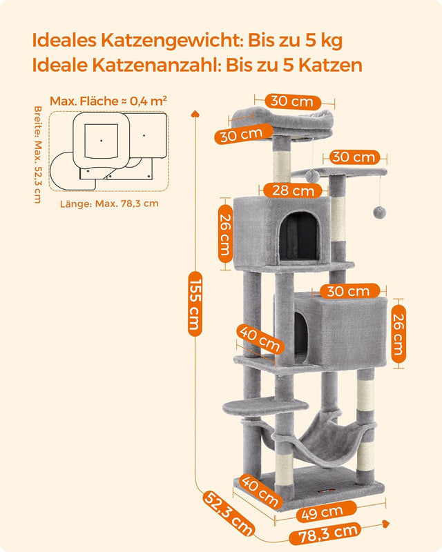 Kratzbaum Mehrstöckig mit Hängematte Hellgrau