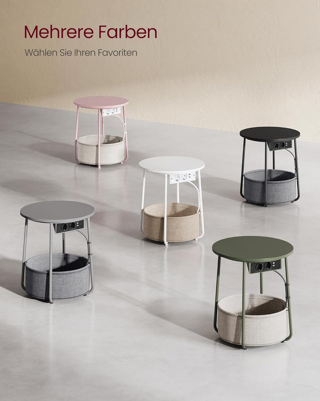 Beistelltisch mit Steckdose Stauraum, Mattweiss-Kamelbraun