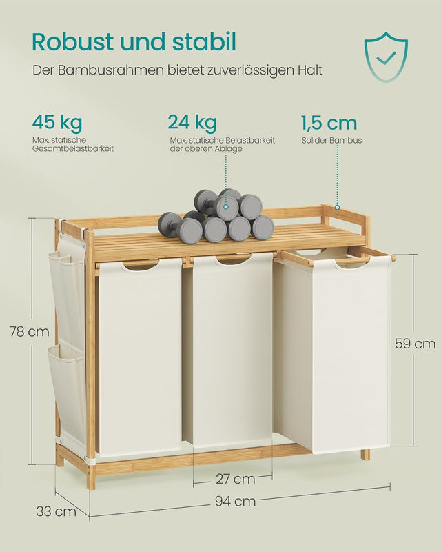 Wäschekorb Bambus 3 Fächer Cremeweiss von Songmics