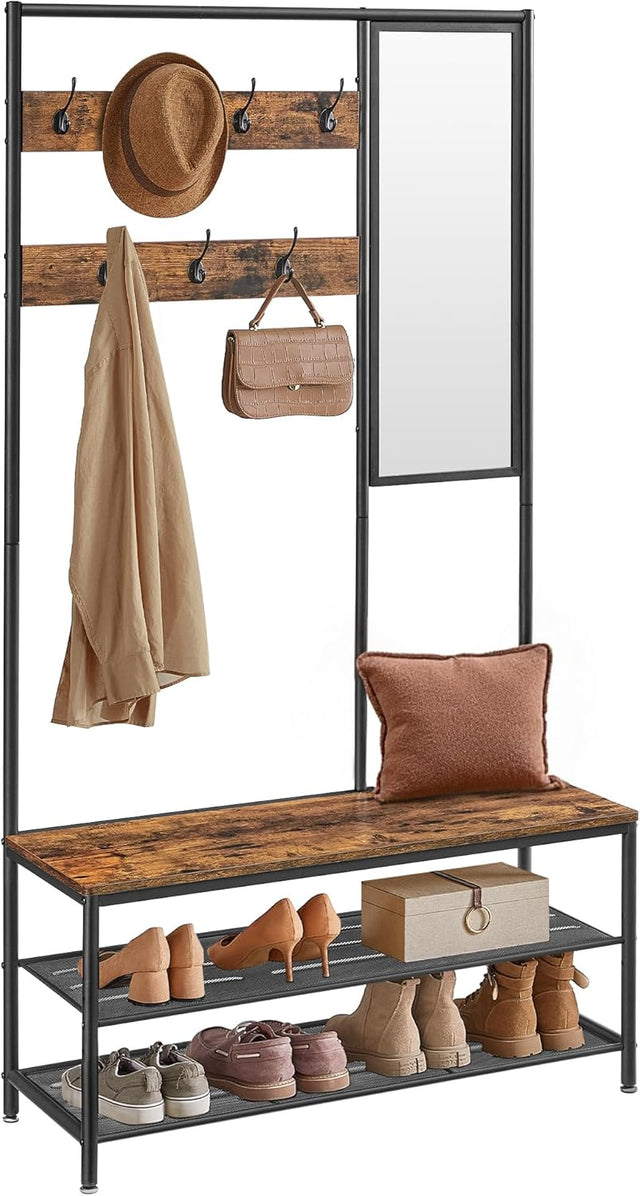 Kleiderständer Garderobe mit Spiegel Sitzbank Vintagebraun von Songmics