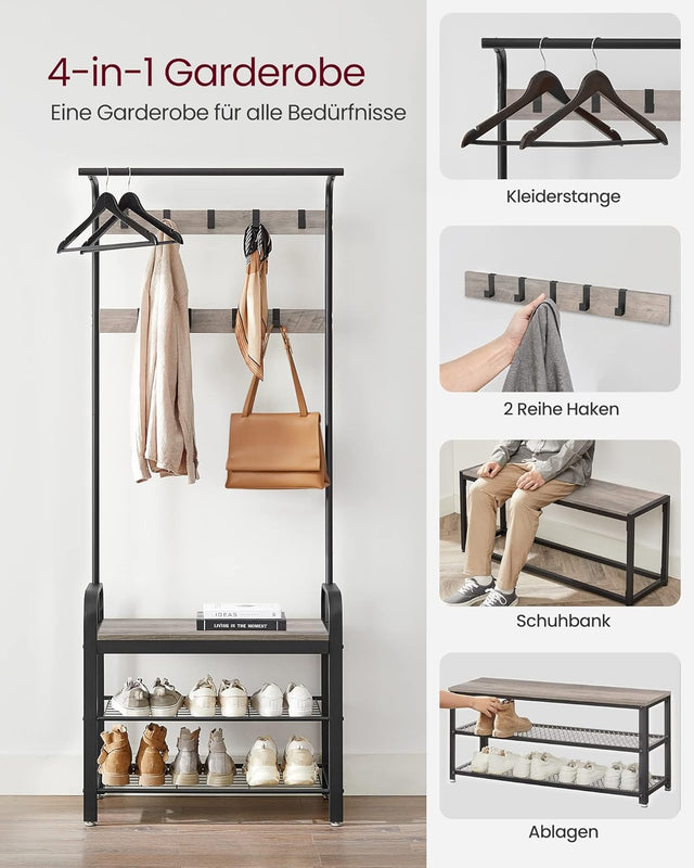 Garderobenständer mit Schuhbank Industrie-Design Greige