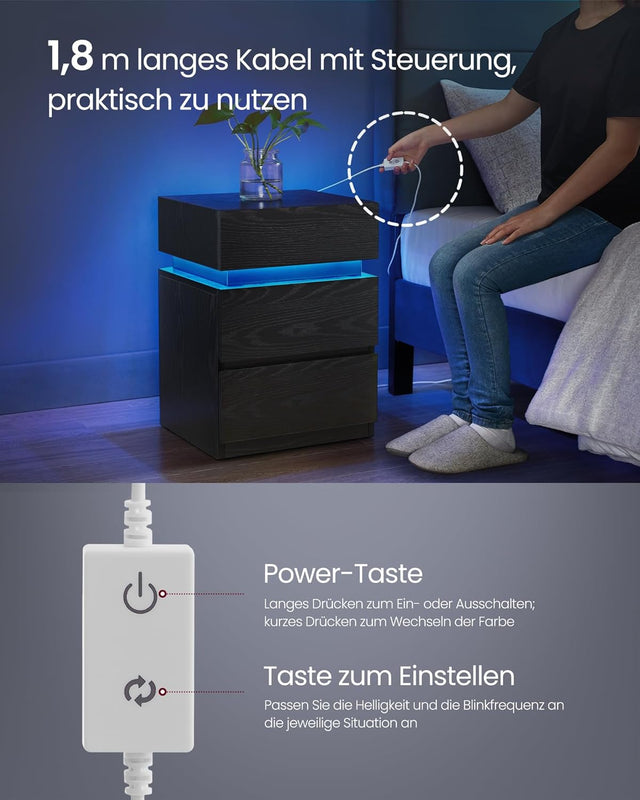 Nachttisch LED-Beleuchtung 3 Schubladen Schwarz