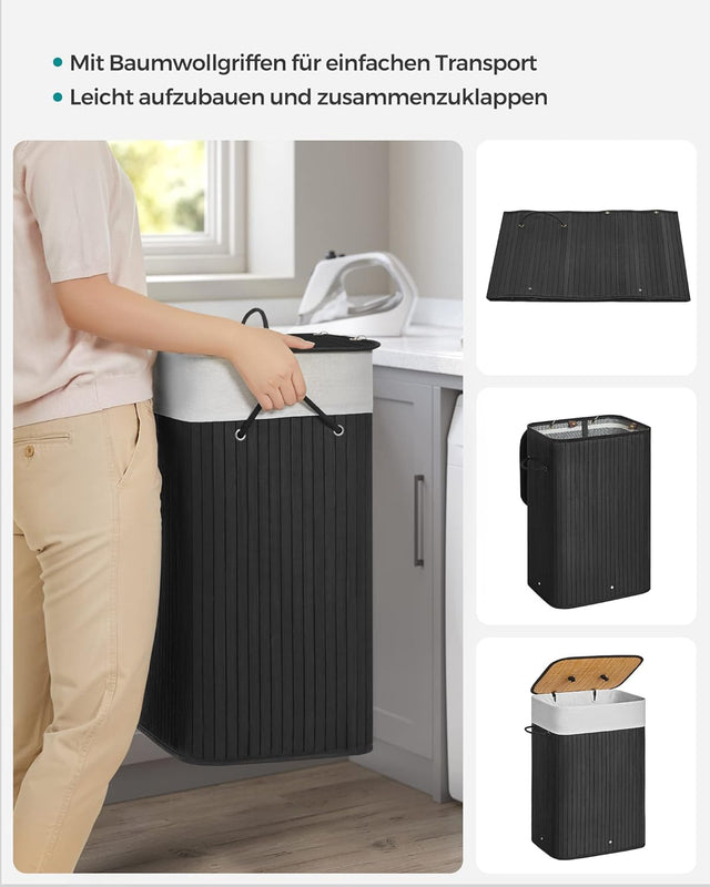 Wäschekorb Bambus faltbar 72L Schwarz von Songmics