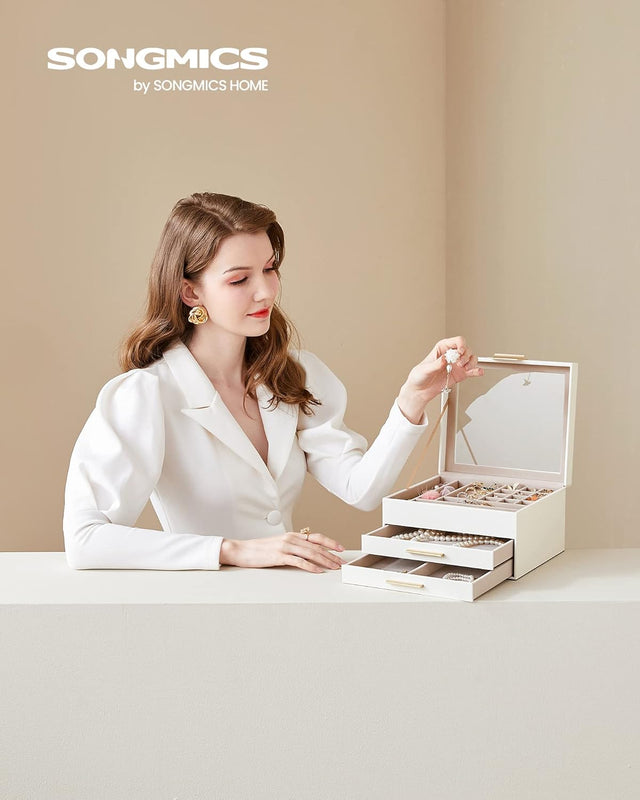 Schmuckkästchen mit Glasdeckel 3 Ebenen wolkenweiss-golden von Songmics