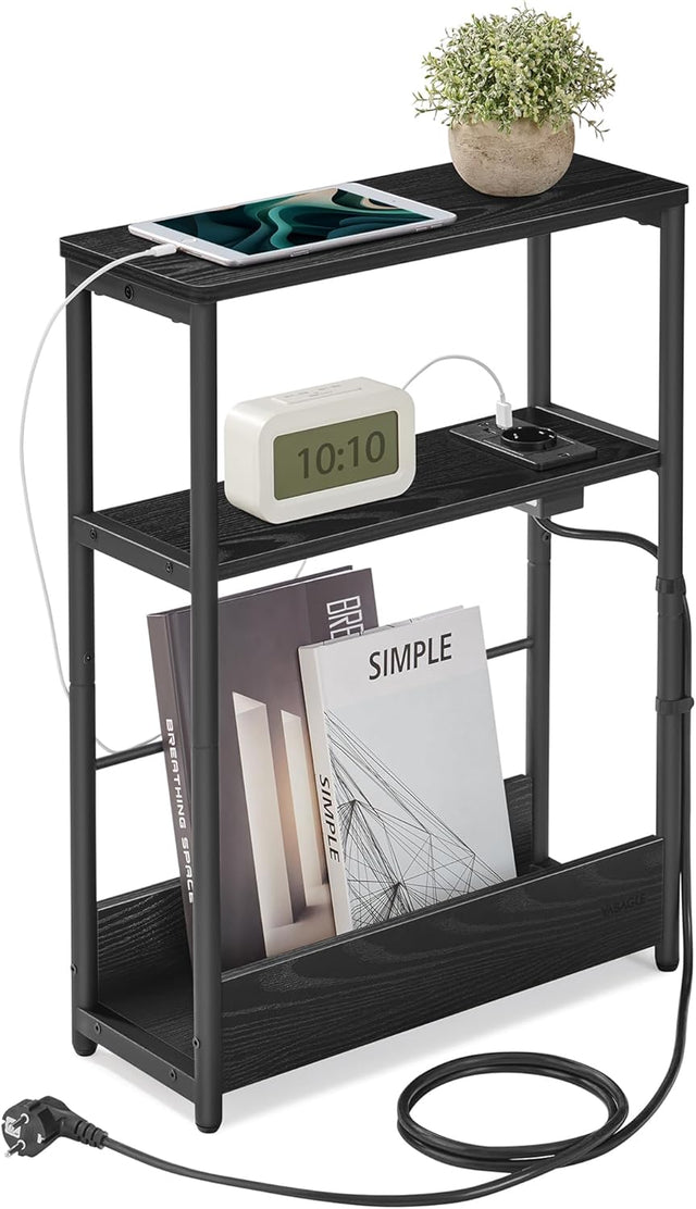 Beistelltisch mit Ladefunktion, 3 Ablagen, schwarz