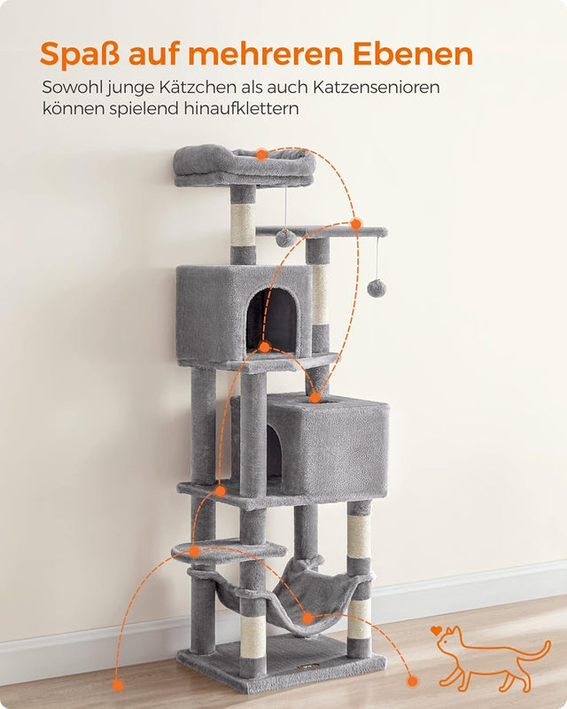 Kratzbaum Mehrstöckig mit Hängematte Hellgrau