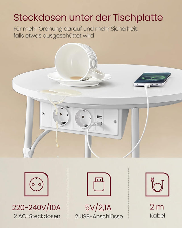 Beistelltisch mit Steckdose Stauraum, Mattweiss-Kamelbraun