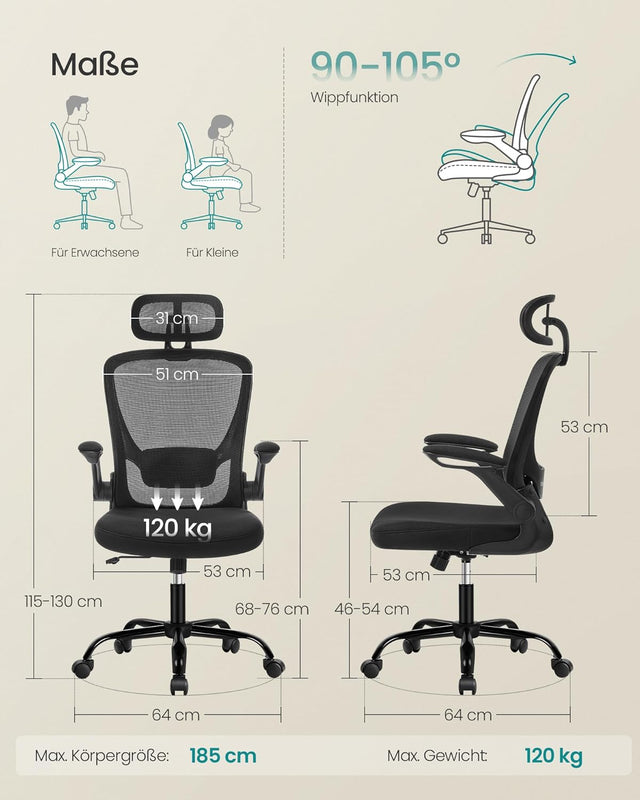 Bürostuhl ergonomisch mit Kopfstütze tintenschwarz