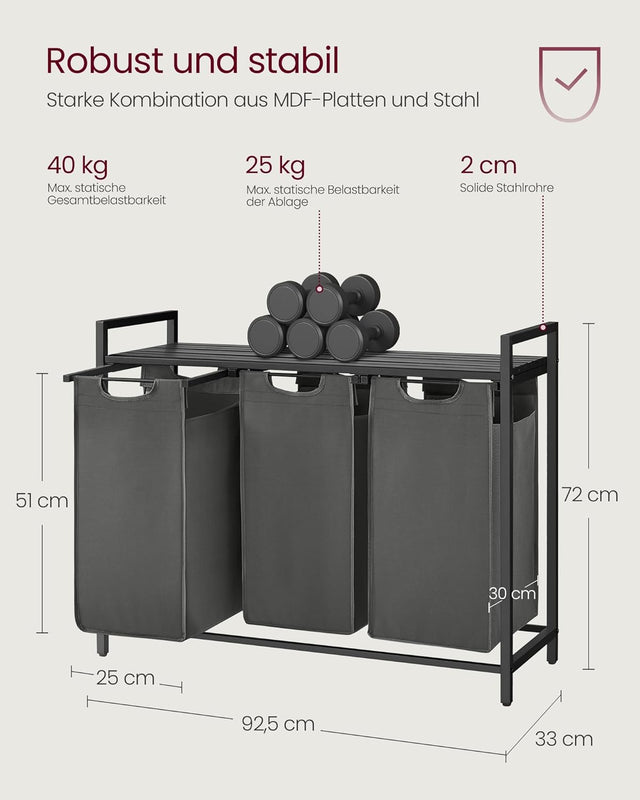 Wäschekorb mit 3 Fächern und Ablage, schiefergrau-anthrazitgrau von Songmics