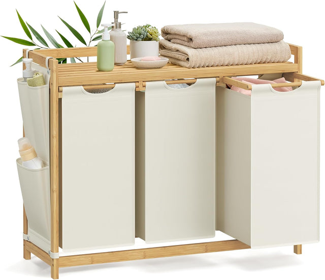 Wäschekorb Bambus 3 Fächer Cremeweiss von Songmics