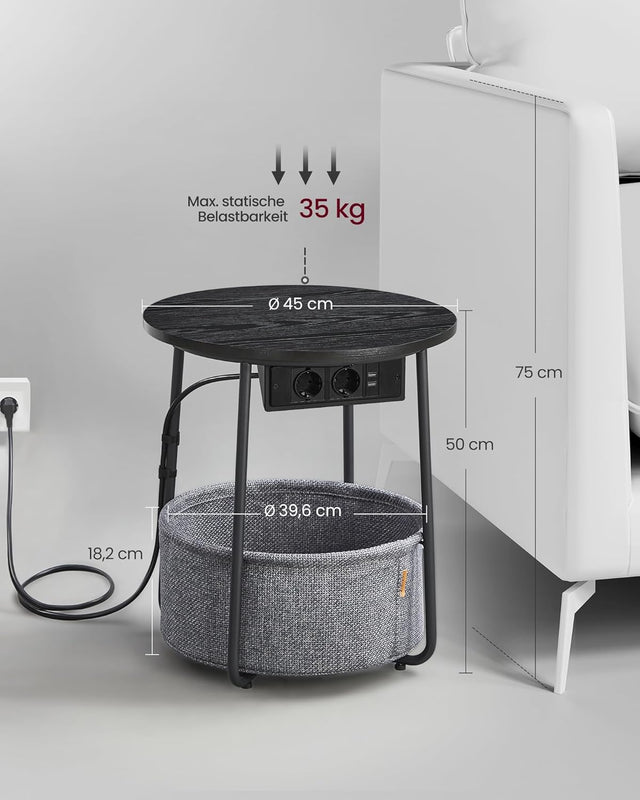 Beistelltisch mit Steckdose, Stauraum, schiefergrau