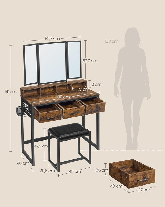 Schminktisch Set mit Hocker rustikal braun