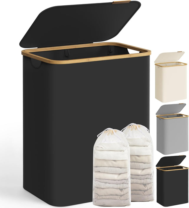 Wäschekorb 2 Fächer Bambus Griffe Schwarz