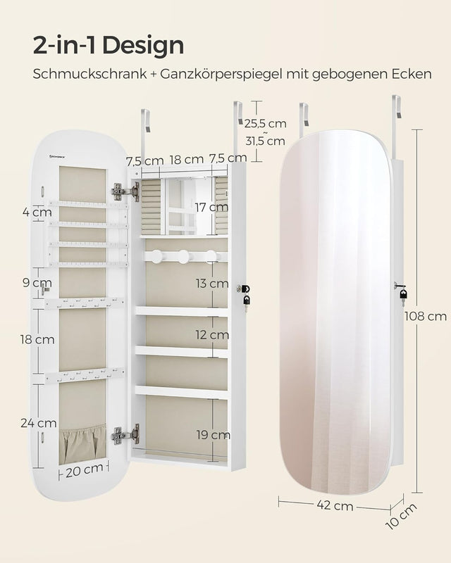 Schmuckschrank Spiegelschrank LED Beleuchtung abschliessbar Weiss