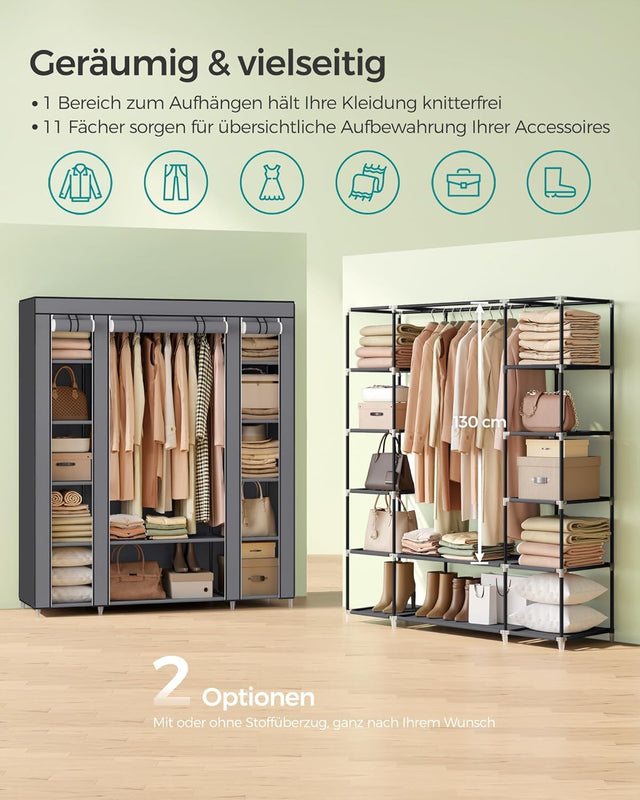 Kleiderschrank mit Ablagen und Stange Grau
