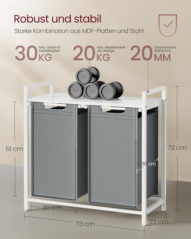 Wäschekorb mit 2 Fächern und Ablage, schiefergrau-mattweiss von Songmics