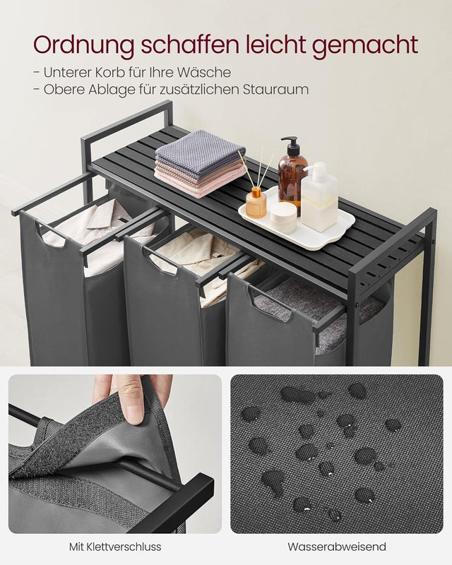 Wäschekorb mit 3 Fächern und Ablage, schiefergrau-anthrazitgrau von Songmics