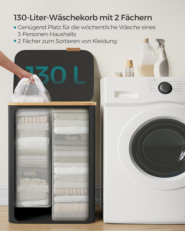 Wäschekorb 2 Fächer Bambus Griffe Schwarz