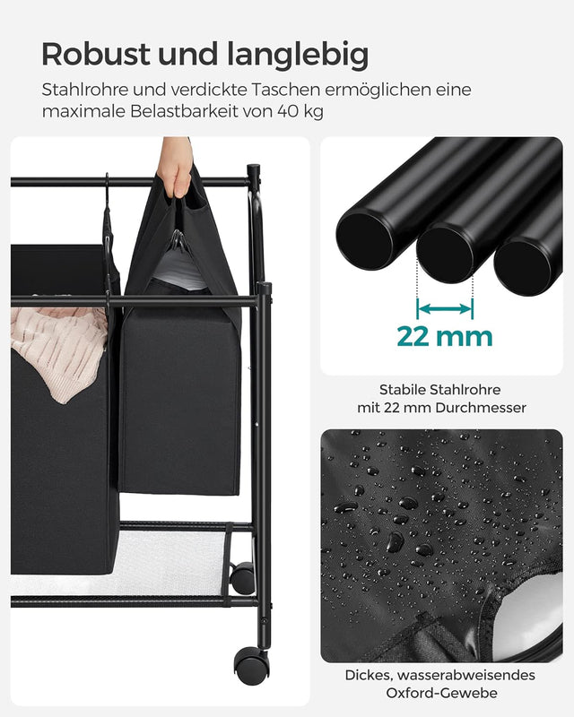 Wäschekorb mit Rollen, 4 Fächer, schwarz von Songmics