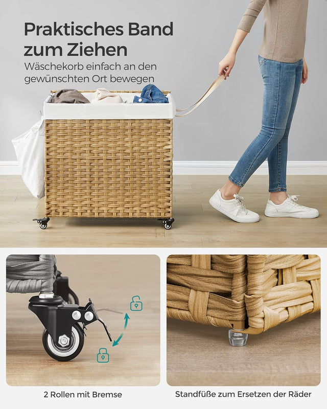 Wäschekorb Rattan-Optik 3 Fächer Naturfarben von Songmics