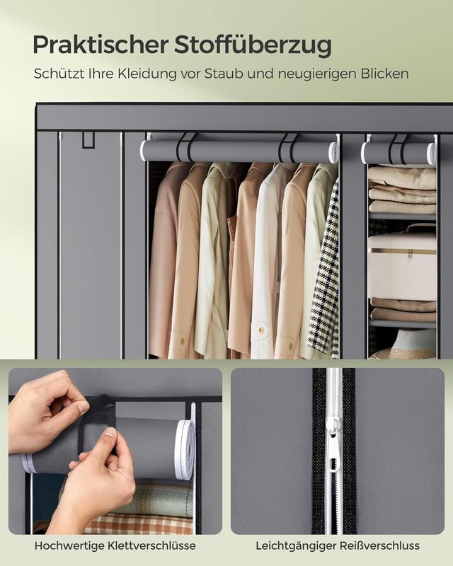 Kleiderschrank mit Ablagen und Stange Grau