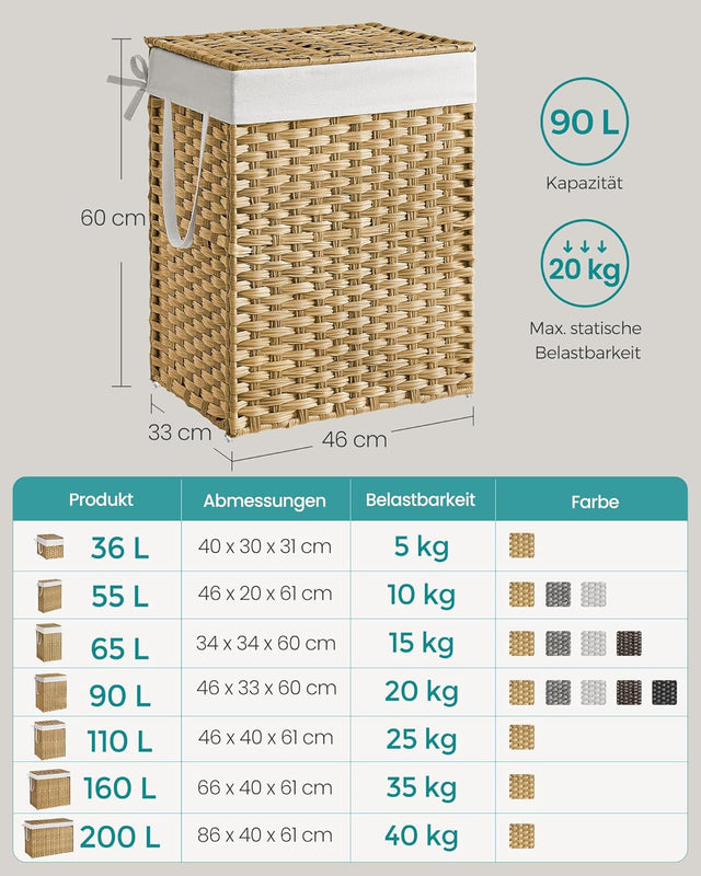 Wäschekorb Rattan 90L faltbar Natural von Songmics