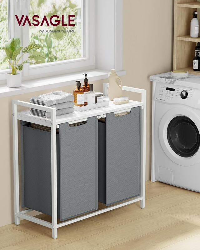 Wäschekorb mit 2 Fächern und Ablage, schiefergrau-mattweiss von Songmics